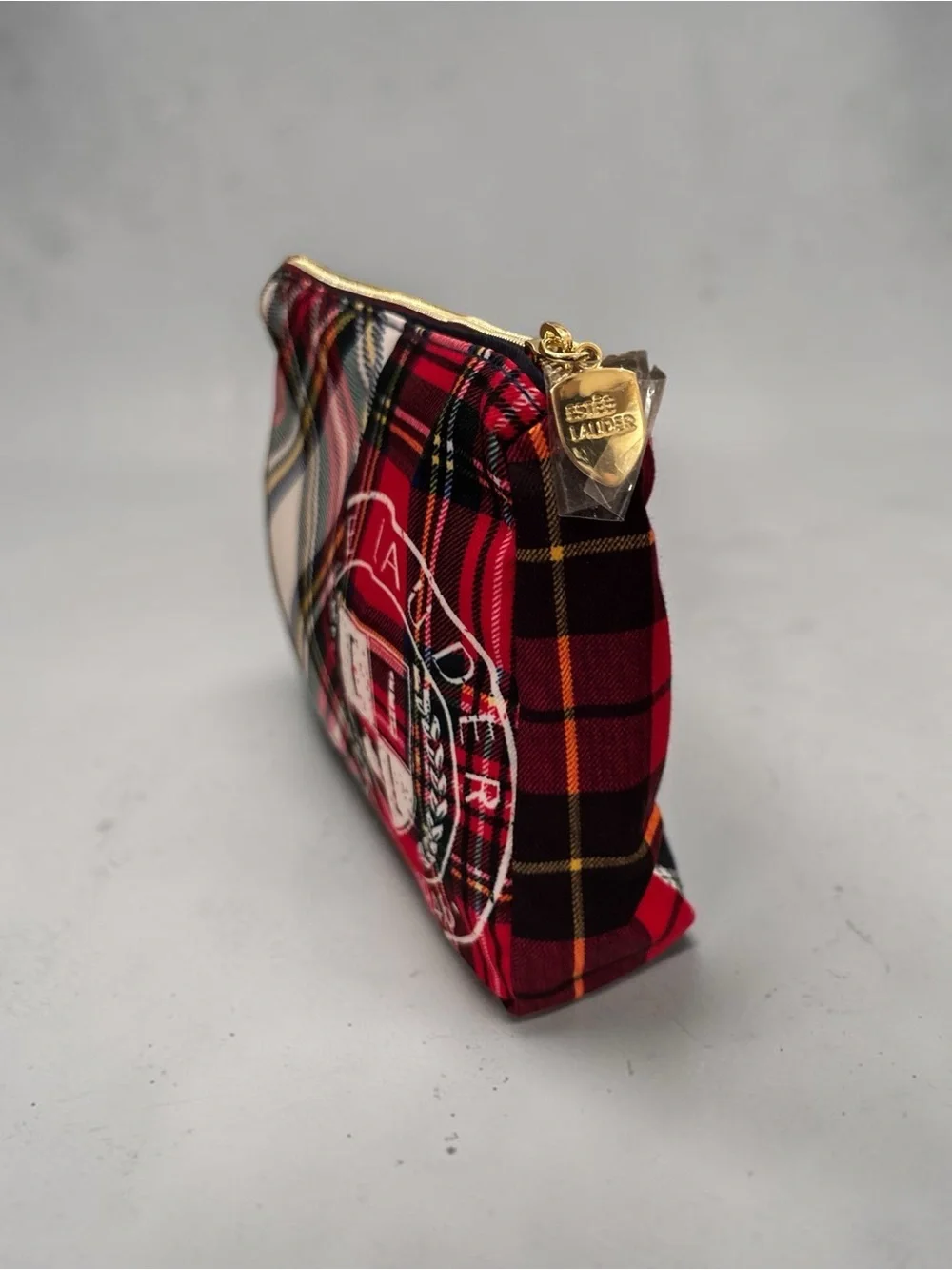 Estee Lauder Navy, Cream and Gold Plaid Cosmetic Pouch with Crest